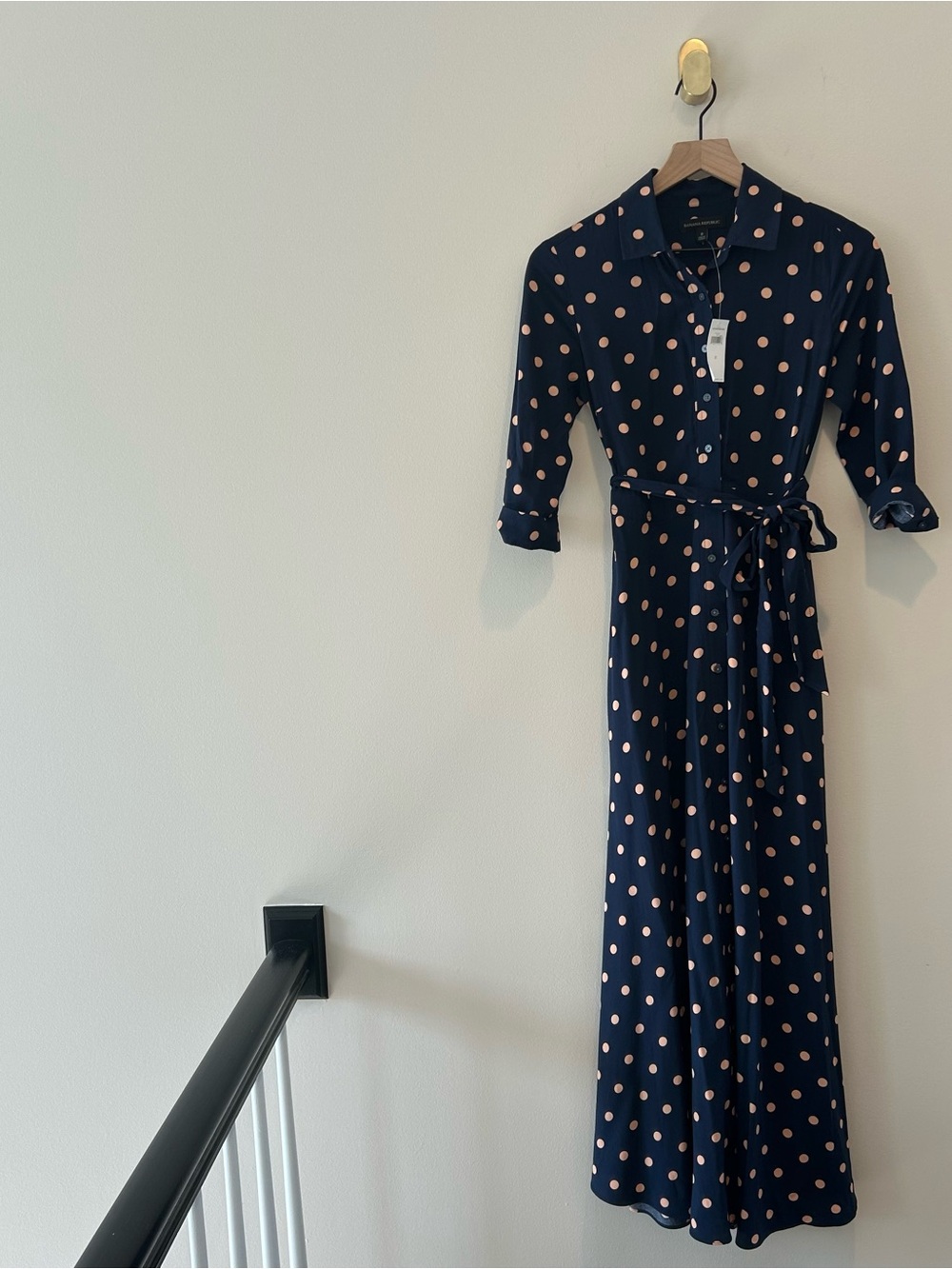 NWT Banana Republic Navy Maxi Shirt Dress with Tan Polka Dots Size 0